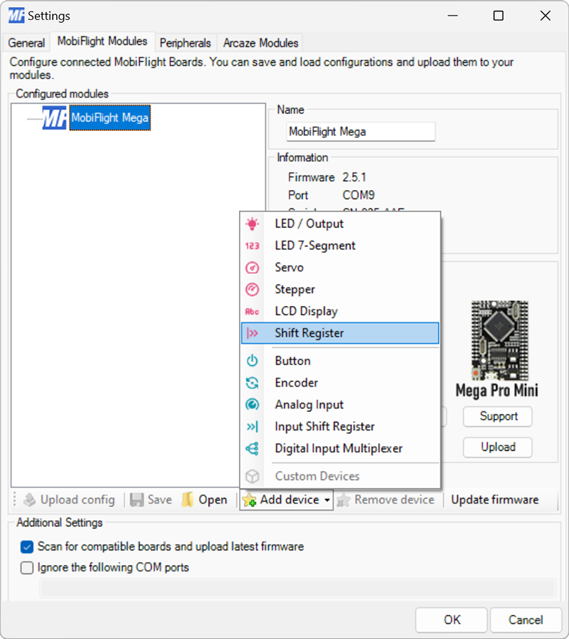 Adding the device –MobiFlight documentation